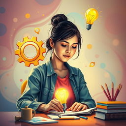 An imaginative and semi-abstract representation of a young woman embodying the essence of hard work and perseverance