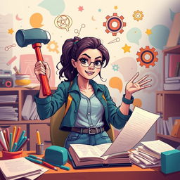 A stylized and imaginative depiction of a determined young woman engaged in her journey towards success and revenge in a whimsical, colorful environment