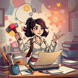 A stylized and imaginative depiction of a determined young woman engaged in her journey towards success and revenge in a whimsical, colorful environment