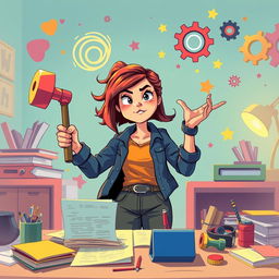 A stylized and imaginative depiction of a determined young woman engaged in her journey towards success and revenge in a whimsical, colorful environment