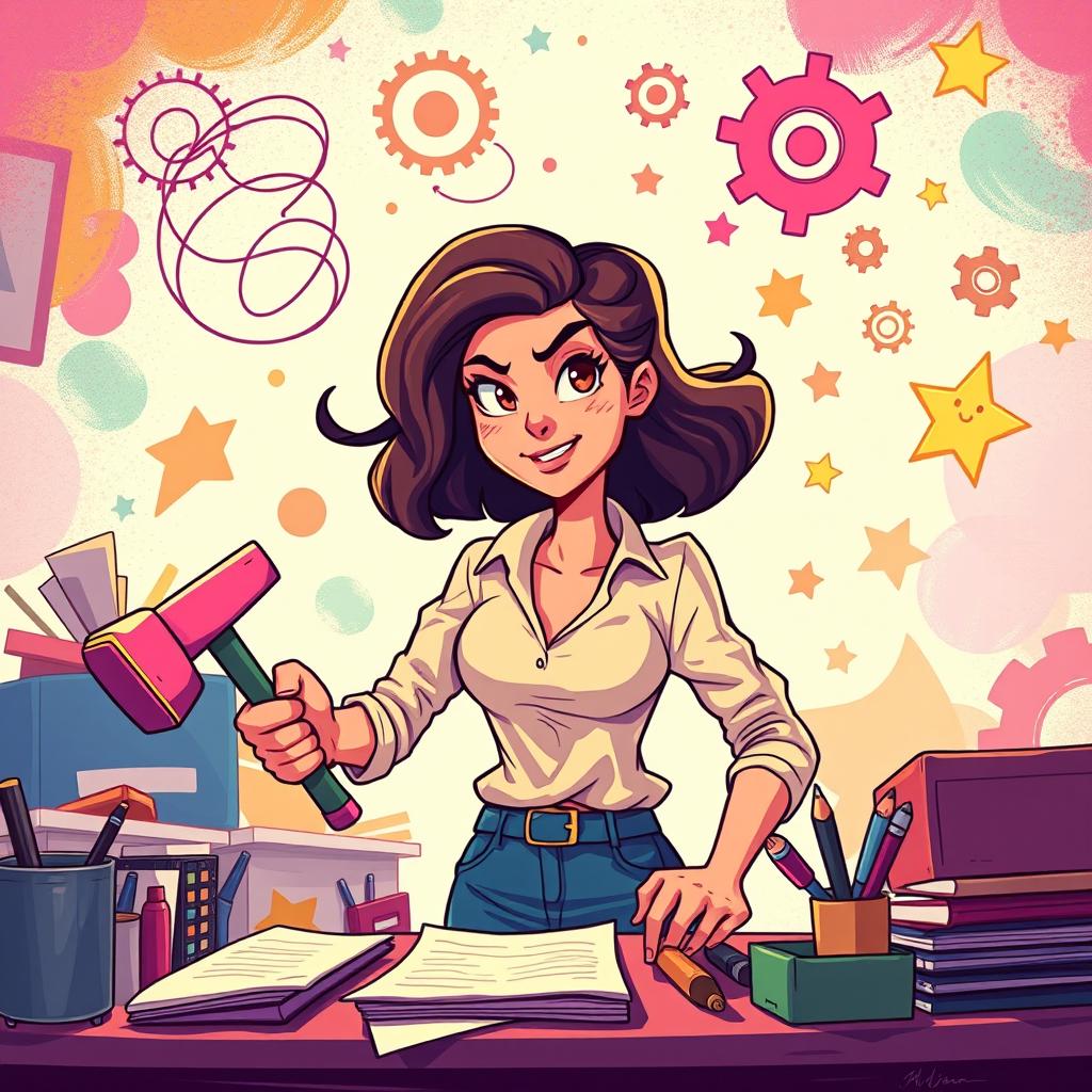 A stylized and imaginative depiction of a determined young woman engaged in her journey towards success and revenge in a whimsical, colorful environment