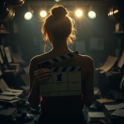 A realistic and moody depiction of a determined young woman filmmaker immersed in her creative process, focusing on the production of a revenge-themed movie