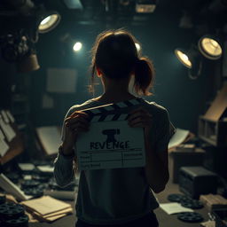 A realistic and moody depiction of a determined young woman filmmaker immersed in her creative process, focusing on the production of a revenge-themed movie