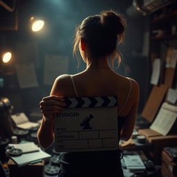 A realistic and moody depiction of a determined young woman filmmaker immersed in her creative process, focusing on the production of a revenge-themed movie