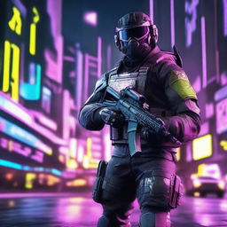 Generate an image of a soldier from Call of Duty, redesigned with a Cyberpunk aesthetic