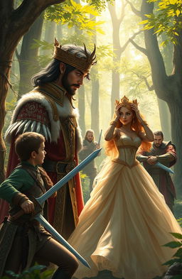 A captivating fantasy scene set in an enchanted forest, featuring an arrogant prince in ornate royal attire with a haughty expression, his eyes focused on a beautiful princess dressed in an elegant gown, exuding both grace and defiance