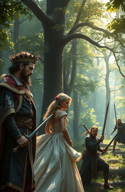 A captivating fantasy scene set in an enchanted forest, featuring an arrogant prince in ornate royal attire with a haughty expression, his eyes focused on a beautiful princess dressed in an elegant gown, exuding both grace and defiance