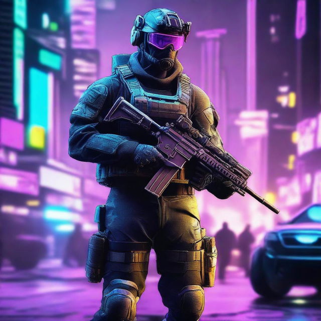 Generate an image of a soldier from Call of Duty, redesigned with a Cyberpunk aesthetic