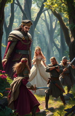 A captivating fantasy scene set in an enchanted forest, featuring an arrogant prince in ornate royal attire with a haughty expression, his eyes focused on a beautiful princess dressed in an elegant gown, exuding both grace and defiance