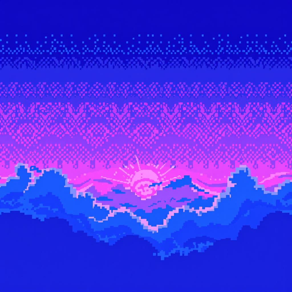 A stunning pixel art representation of a sky filled with beautiful purple and blue hues, creating a captivating gradient