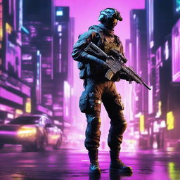 Generate an image of a soldier from Call of Duty, redesigned with a Cyberpunk aesthetic