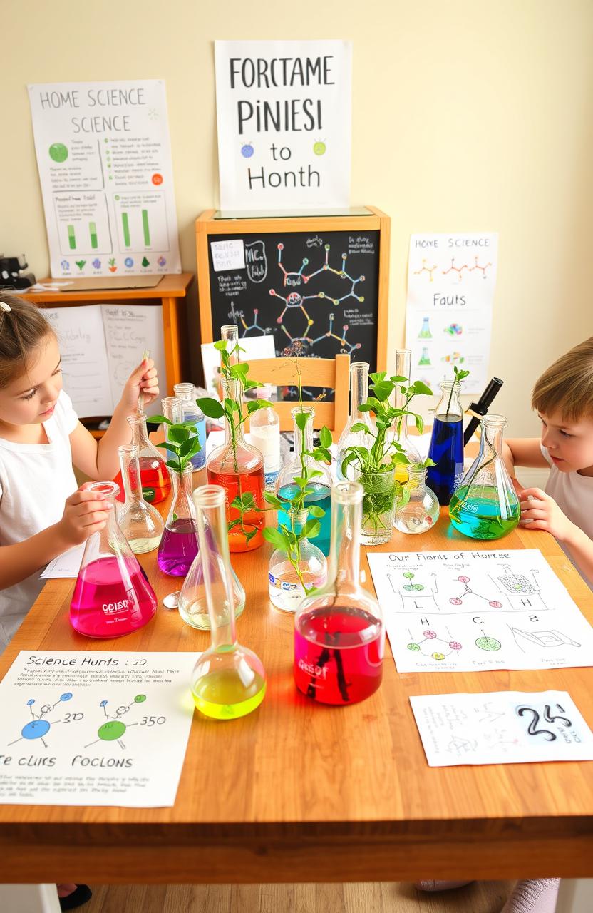 A vibrant and colorful home science project display, showcasing various scientific experiments and activities