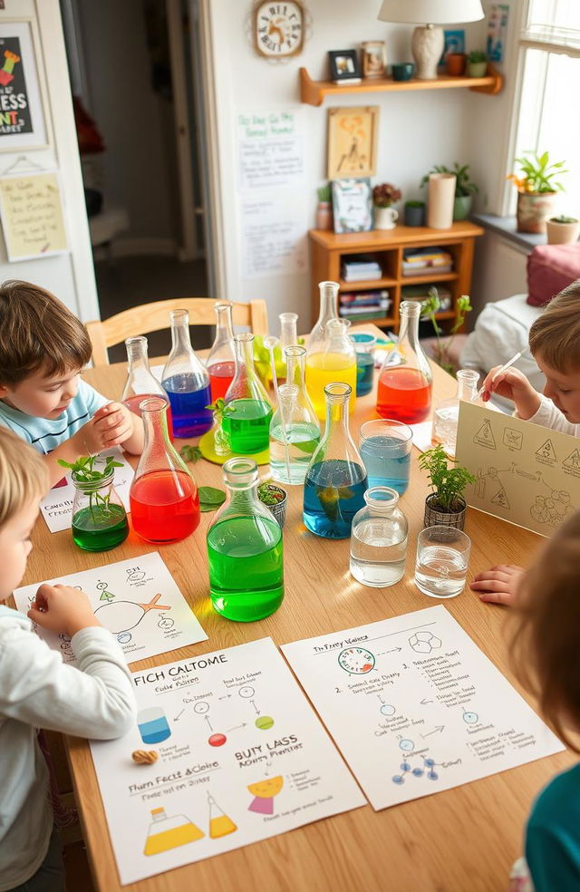 A vibrant and colorful home science project display, showcasing various scientific experiments and activities