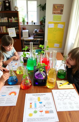 A vibrant and colorful home science project display, showcasing various scientific experiments and activities