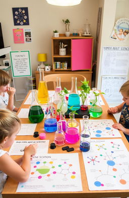 A vibrant and colorful home science project display, showcasing various scientific experiments and activities