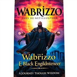 A striking book cover for 'Wabrizzo the Black Enlightener', featuring a powerful and charismatic figure, Wabrizzo, standing atop a mountain with a colorful sunset behind him