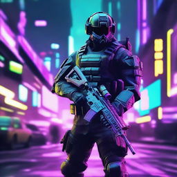 Generate an image of a soldier from Call of Duty, redesigned with a Cyberpunk aesthetic