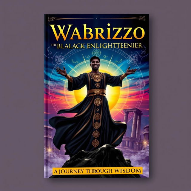 A striking book cover for 'Wabrizzo the Black Enlightener', featuring a powerful and charismatic figure, Wabrizzo, standing atop a mountain with a colorful sunset behind him