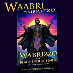 A striking book cover for 'Wabrizzo the Black Enlightener', featuring a powerful and charismatic figure, Wabrizzo, standing atop a mountain with a colorful sunset behind him