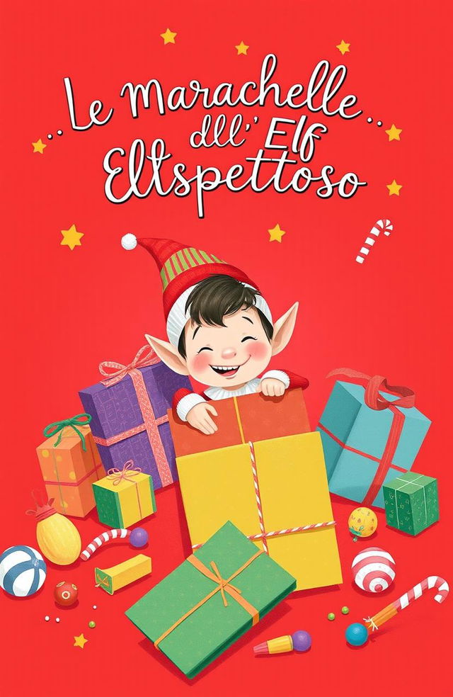 A mischievous elf playing on a vibrant red background, filled with playful antics like hiding behind oversized gifts, peeking out with a cheeky grin, and surrounded by scattered colorful toys