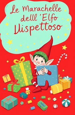 A mischievous elf playing on a vibrant red background, filled with playful antics like hiding behind oversized gifts, peeking out with a cheeky grin, and surrounded by scattered colorful toys