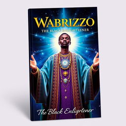 A captivating book cover for 'Wabrizzo: The Black Enlightener', featuring a powerful and wise central figure depicted in an ethereal light against a starry background