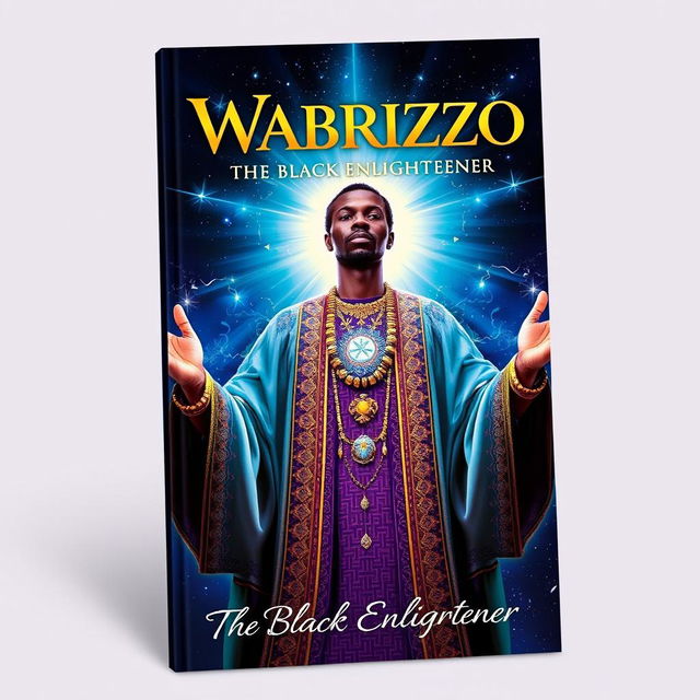 A captivating book cover for 'Wabrizzo: The Black Enlightener', featuring a powerful and wise central figure depicted in an ethereal light against a starry background