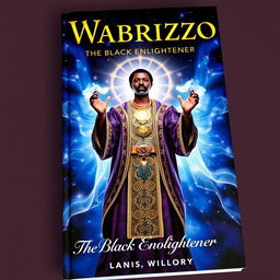 A captivating book cover for 'Wabrizzo: The Black Enlightener', featuring a powerful and wise central figure depicted in an ethereal light against a starry background