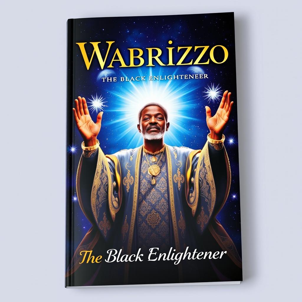 A captivating book cover for 'Wabrizzo: The Black Enlightener', featuring a powerful and wise central figure depicted in an ethereal light against a starry background