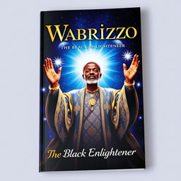 A captivating book cover for 'Wabrizzo: The Black Enlightener', featuring a powerful and wise central figure depicted in an ethereal light against a starry background