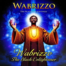 A captivating book cover for 'Wabrizzo: The Black Enlightener', featuring a powerful and wise central figure depicted in an ethereal light against a starry background