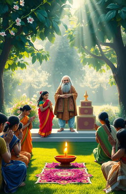 A serene and beautiful depiction of a traditional Indian Guru Vandan, showcasing a group of students, dressed in colorful ethnic attire, respectfully bowing down with folded hands to a wise and elderly guru standing on a platform