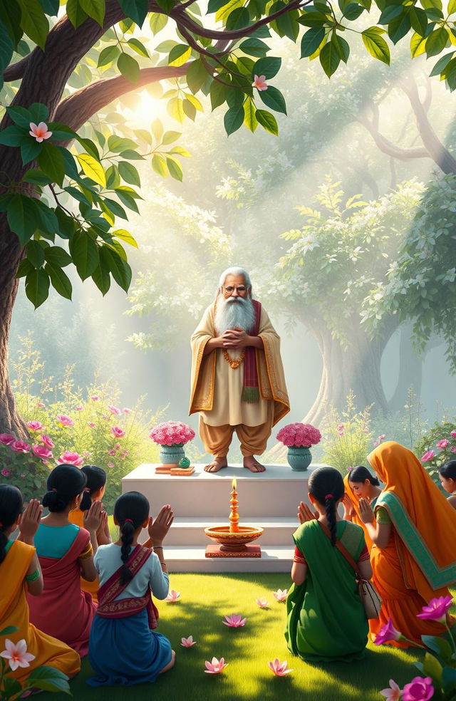 A serene and beautiful depiction of a traditional Indian Guru Vandan, showcasing a group of students, dressed in colorful ethnic attire, respectfully bowing down with folded hands to a wise and elderly guru standing on a platform