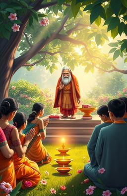 A serene and beautiful depiction of a traditional Indian Guru Vandan, showcasing a group of students, dressed in colorful ethnic attire, respectfully bowing down with folded hands to a wise and elderly guru standing on a platform