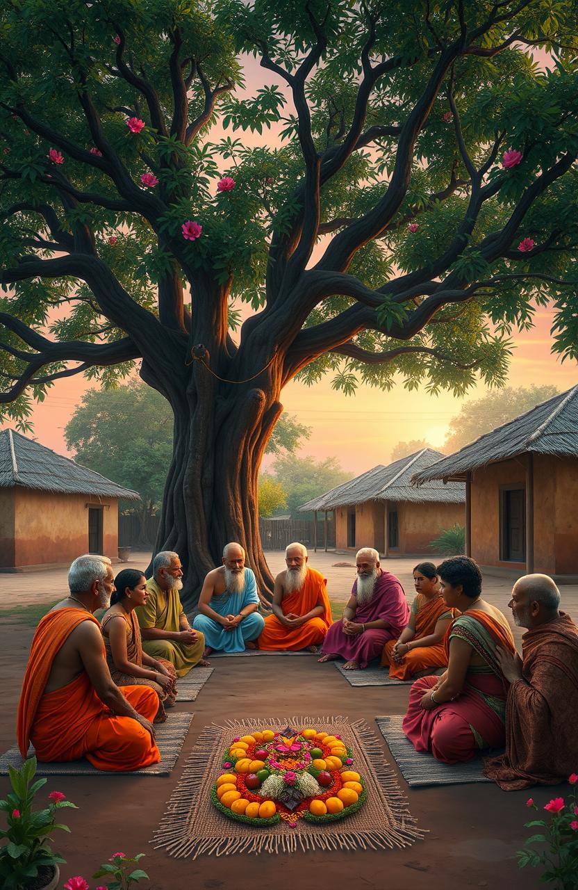 A serene and peaceful scene of a traditional Indian village with elders engaged in a spiritual discussion under a large banyan tree, surrounded by lush greenery and vibrant flowers