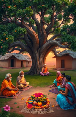 A serene and peaceful scene of a traditional Indian village with elders engaged in a spiritual discussion under a large banyan tree, surrounded by lush greenery and vibrant flowers