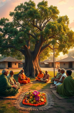 A serene and peaceful scene of a traditional Indian village with elders engaged in a spiritual discussion under a large banyan tree, surrounded by lush greenery and vibrant flowers