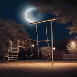 A spectral apparition haunting a playground at night, with looming swings and slides, under the silver glow of the moon.