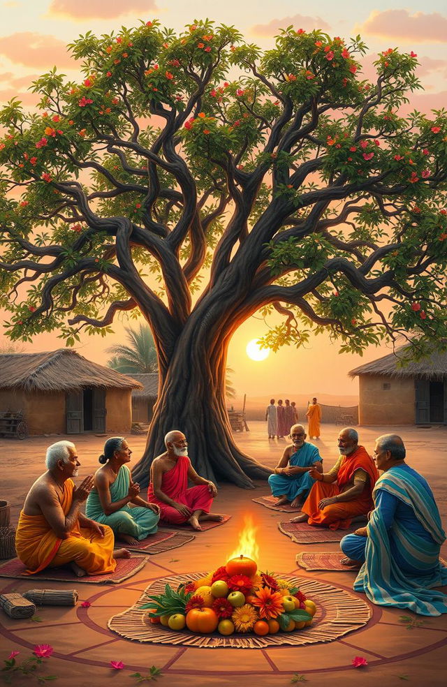 A serene and peaceful scene of a traditional Indian village with elders engaged in a spiritual discussion under a large banyan tree, surrounded by lush greenery and vibrant flowers