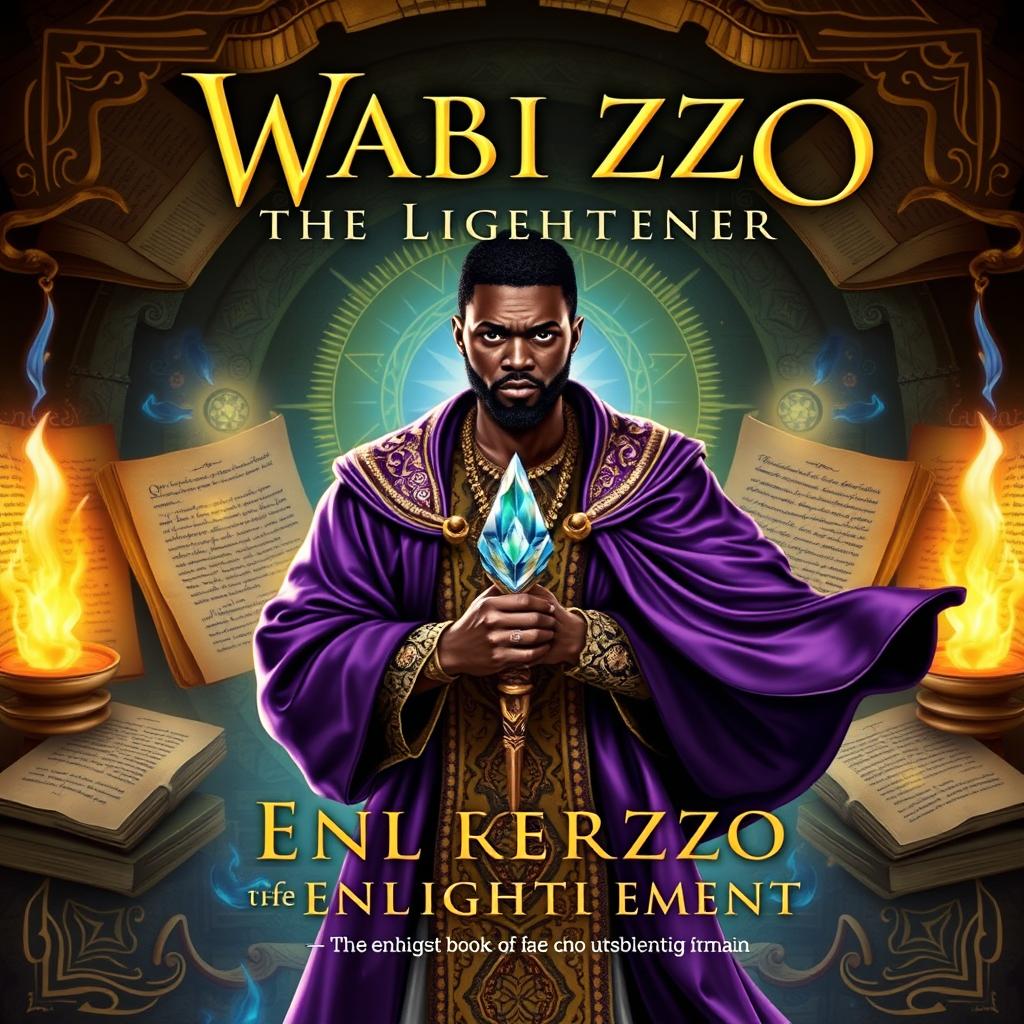 A book cover for 'Wabrizzo the Black Enlightener', featuring a powerful and charismatic black man with an intense gaze, standing in front of a backdrop of ancient manuscripts and glowing symbols that represent knowledge and wisdom