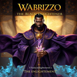 A book cover for 'Wabrizzo the Black Enlightener', featuring a powerful and charismatic black man with an intense gaze, standing in front of a backdrop of ancient manuscripts and glowing symbols that represent knowledge and wisdom