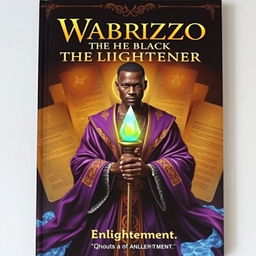 A book cover for 'Wabrizzo the Black Enlightener', featuring a powerful and charismatic black man with an intense gaze, standing in front of a backdrop of ancient manuscripts and glowing symbols that represent knowledge and wisdom