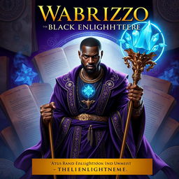 A book cover for 'Wabrizzo the Black Enlightener', featuring a powerful and charismatic black man with an intense gaze, standing in front of a backdrop of ancient manuscripts and glowing symbols that represent knowledge and wisdom