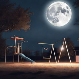 A spectral apparition haunting a playground at night, with looming swings and slides, under the silver glow of the moon.