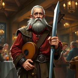 An old bard with a short beard, wearing rich and luxurious clothing, stands confidently in a tavern