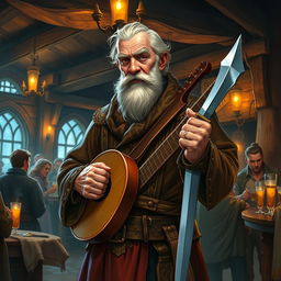 An old bard with a short beard, wearing rich and luxurious clothing, stands confidently in a tavern