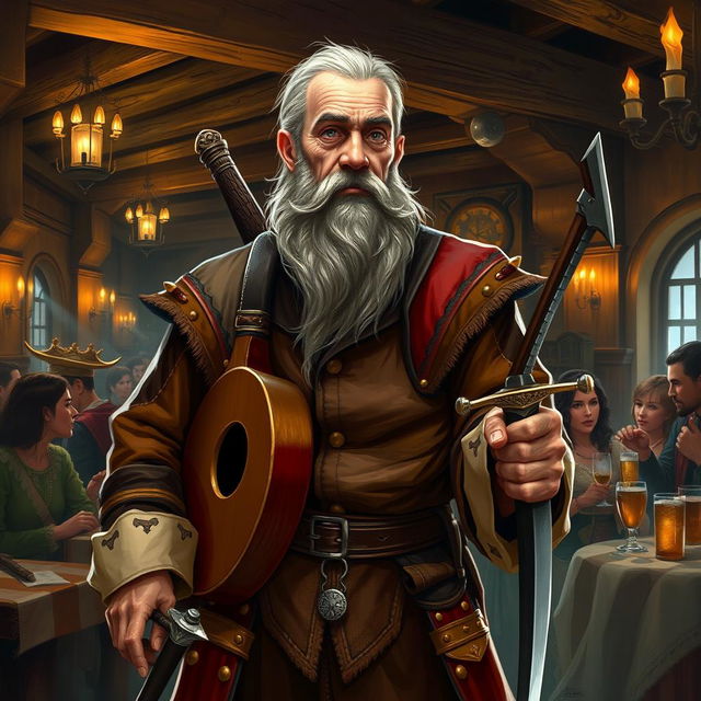 An old bard with a short beard, wearing rich and luxurious clothing, stands confidently in a tavern