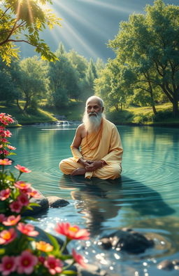 A serene landscape featuring Satyatma theertharu, depicted as a wise, elderly spiritual figure dressed in traditional robes, surrounded by lush greenery and flowing water, symbolizing peace and tranquility