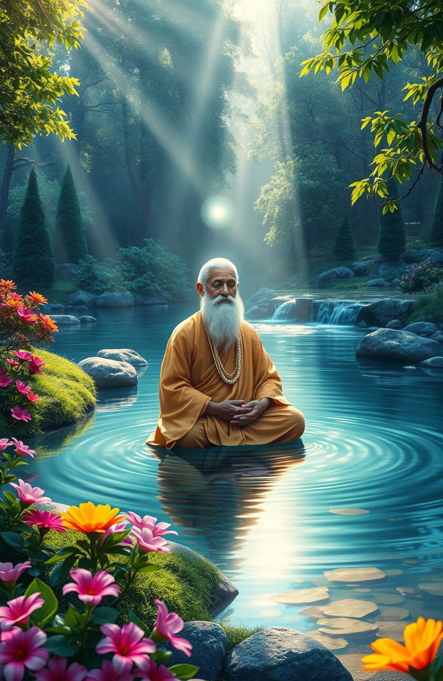 A serene landscape featuring Satyatma theertharu, depicted as a wise, elderly spiritual figure dressed in traditional robes, surrounded by lush greenery and flowing water, symbolizing peace and tranquility