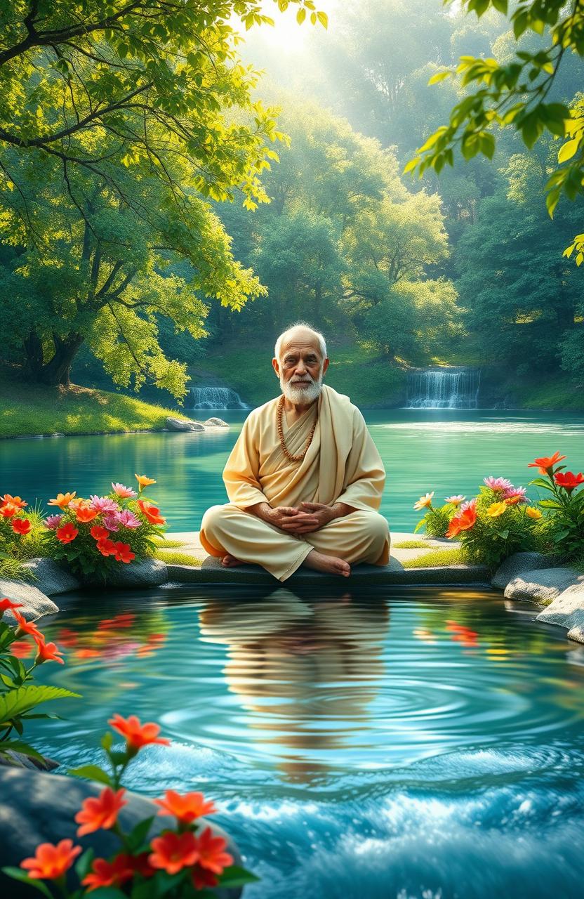 A serene landscape featuring Satyatma theertharu, depicted as a wise, elderly spiritual figure dressed in traditional robes, surrounded by lush greenery and flowing water, symbolizing peace and tranquility